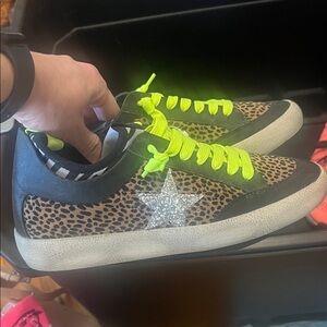 Gianni bini Leopard Print Sneakers with Glitter Star and Neon Laces